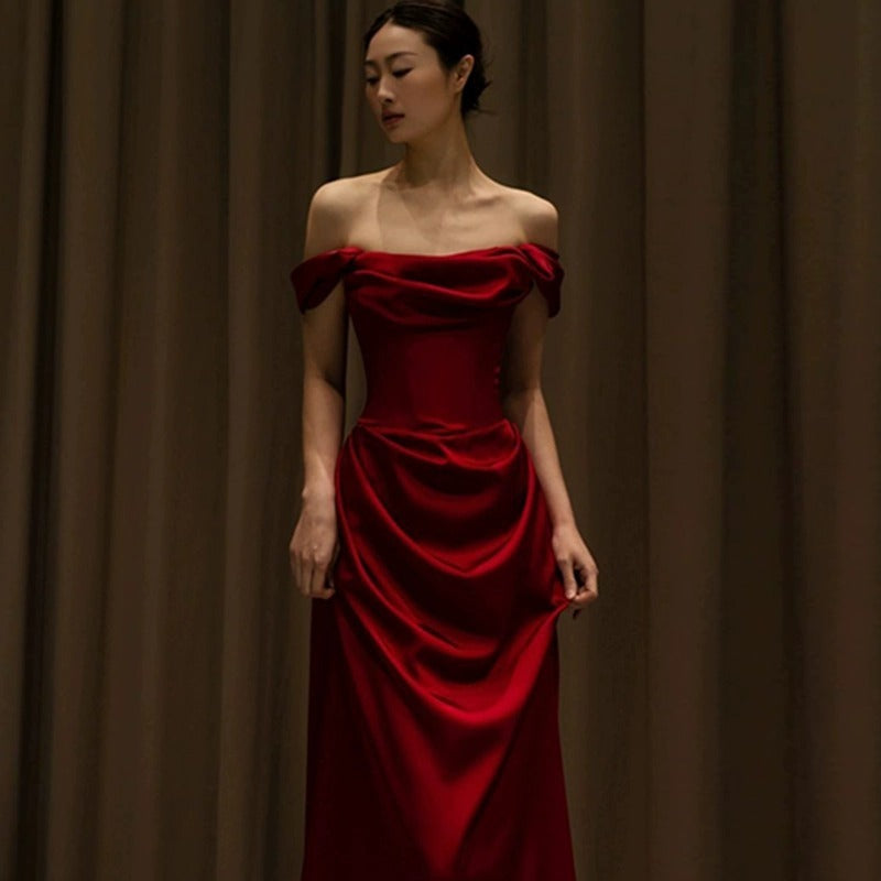 Off-shoulder Small Trailing Slim-fit Satin Dress