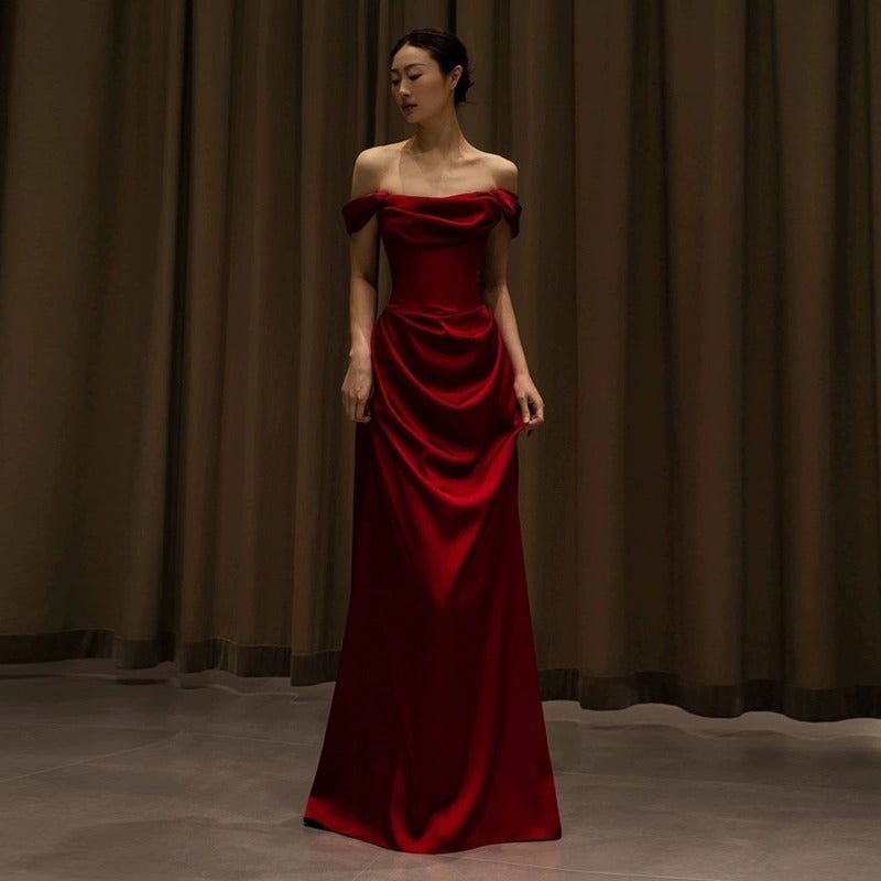 Off-shoulder Small Trailing Slim-fit Satin Dress