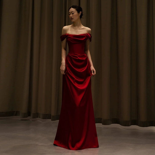 Off-shoulder Small Trailing Slim-fit Satin Dress