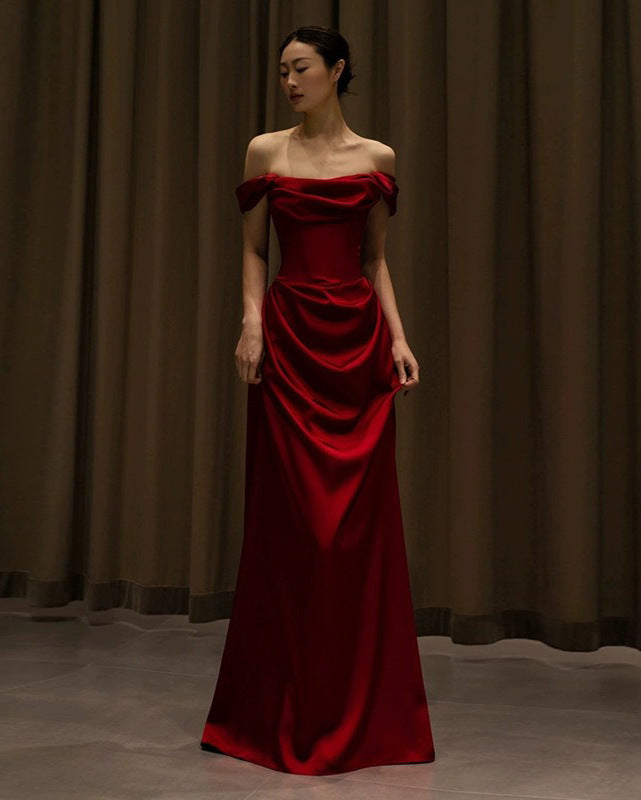 Off-shoulder Small Trailing Slim-fit Satin Dress