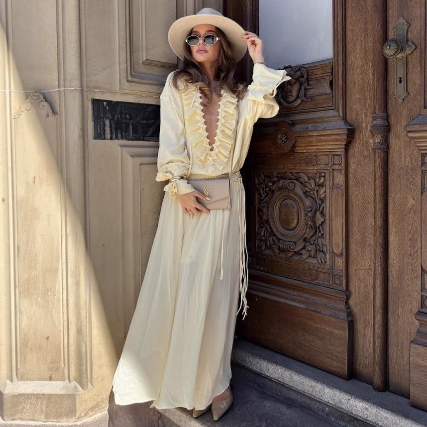 Ruffled Pleated Top And Skirt Elegant Casual Women's Suit