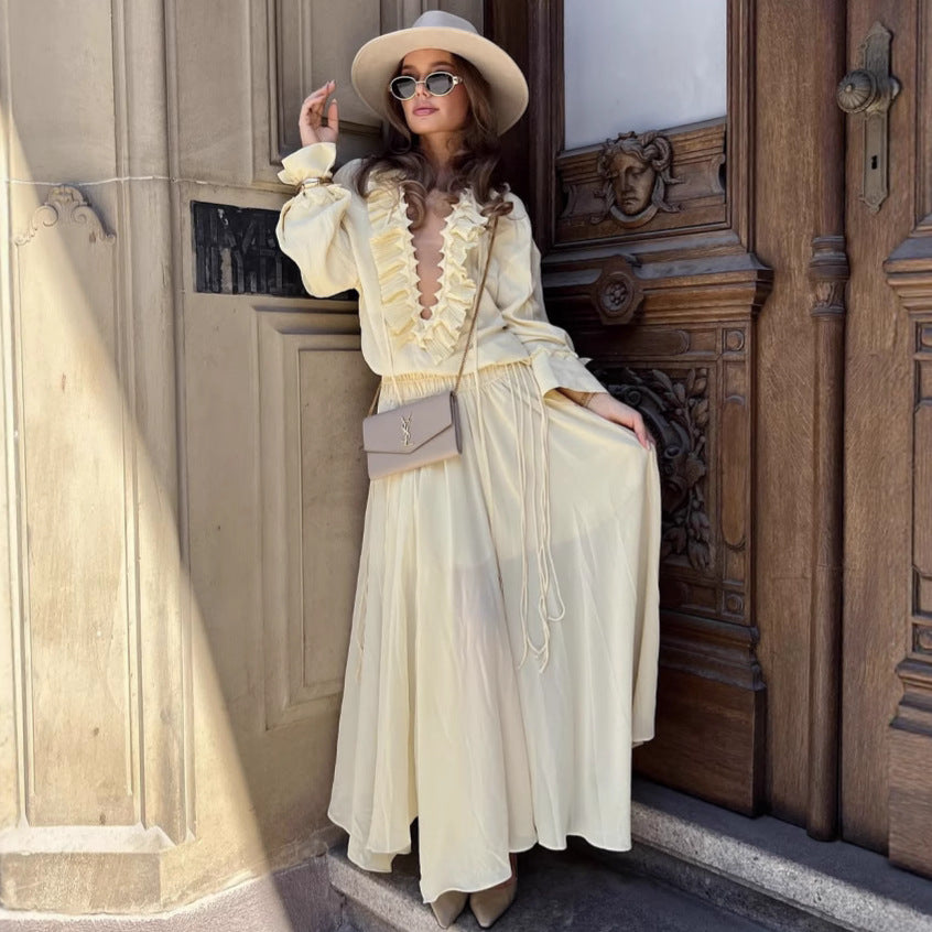 Ruffled Pleated Top And Skirt Elegant Casual Women's Suit