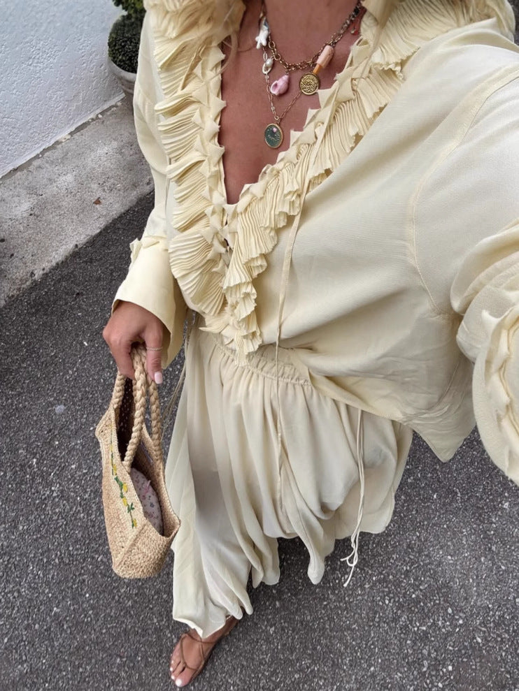 Ruffled Pleated Top And Skirt Elegant Casual Women's Suit