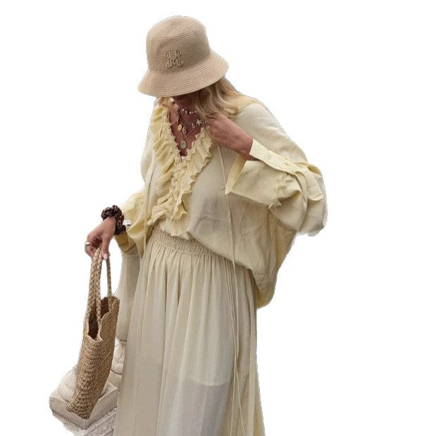 Ruffled Pleated Top And Skirt Elegant Casual Women's Suit