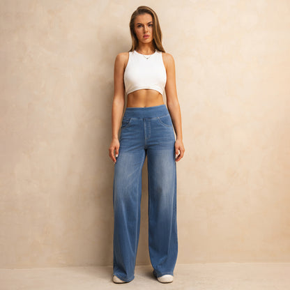 Shascullfites Melody High-Waisted Tummy Control Jeans Women's Retro Blue Flare Jeans With Pockets Casual Wide Leg Jeans