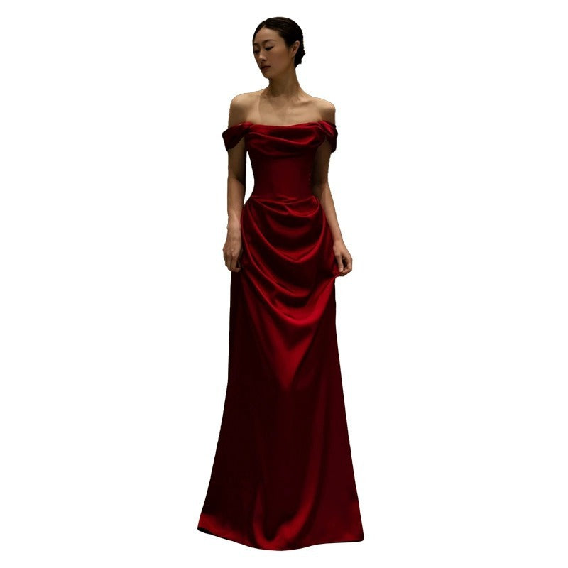 Off-shoulder Small Trailing Slim-fit Satin Dress